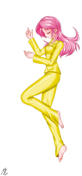 Size: 1773x3793 | Tagged: safe, alternate version, artist:mauroz, imported from derpibooru, fluttershy, human, anime, bed, clothes, eyes closed, humanized, pajamas, simple background, sleeping, solo, transparent background