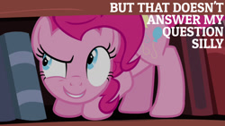 Size: 1280x720 | Tagged: safe, edit, edited screencap, editor:quoterific, imported from derpibooru, screencap, pinkie pie, earth pony, pony, pinkie apple pie, season 4, behaving like a cat, book, bookshelf, caption, cute, female, golden oaks library, mare, smiling, solo, text