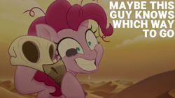 Size: 1280x720 | Tagged: safe, edit, edited screencap, editor:quoterific, imported from derpibooru, screencap, pinkie pie, earth pony, pony, my little pony: the movie, bone, caption, female, grin, mare, skeleton, smiling, solo, sweat, text