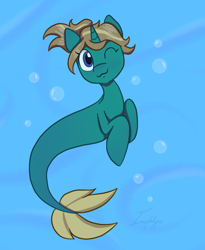 Size: 1108x1350 | Tagged: safe, artist:imaplatypus, imported from derpibooru, oc, oc only, pony, seapony (g4), unicorn, blue background, blue eyes, brown mane, bubble, female, fish tail, flowing mane, flowing tail, horn, ocean, one eye closed, seaponified, signature, simple background, smiling, solo, species swap, tail, underwater, water, wink