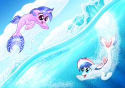 Size: 400x283 | Tagged: safe, artist:stewart501st, imported from derpibooru, sea swirl, seafoam, oc, oc:britannia (uk ponycon), earth pony, pony, seapony (g4), unicorn, blue eyes, bubble, cloud, dorsal fin, female, fish tail, flowing tail, horn, looking at each other, ocean, open mouth, open smile, purple eyes, seaponified, sky, smiling, species swap, swimming, tail, uk ponycon, underwater, water, wave