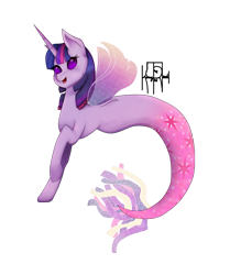 Size: 907x1083 | Tagged: safe, artist:kimmytheredhead, imported from derpibooru, twilight sparkle, alicorn, hybrid, merpony, pony, seapony (g4), female, fin wings, fish tail, flowing tail, horn, looking at you, mermaid tail, no pupils, open mouth, purple eyes, seaponified, seapony twilight, signature, simple background, smiling, solo, species swap, tail, transparent background, twilight sparkle (alicorn), wings