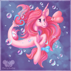Size: 1280x1280 | Tagged: safe, artist:cherryscallop, imported from derpibooru, oc, oc only, luvdisc, pony, seapony (g4), unicorn, blue background, bubble, dorsal fin, female, fish tail, flowing mane, flowing tail, horn, logo, ocean, pink mane, pokémon, seaponified, simple background, smiling, solo, species swap, swimming, tail, underwater, water
