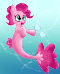 Size: 850x1048 | Tagged: safe, artist:mere-chan00, imported from derpibooru, pinkie pie, earth pony, pony, seapony (g4), blue eyes, bubble, crepuscular rays, dorsal fin, female, fish tail, flowing tail, ocean, open mouth, open smile, pink mane, seaponified, seapony pinkie pie, signature, smiling, solo, species swap, sunlight, swimming, tail, underwater, water