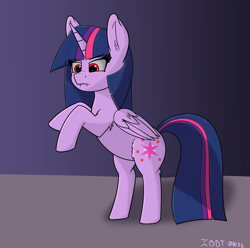Size: 2063x2045 | Tagged: safe, artist:ionlydrawtwi, derpibooru exclusive, imported from derpibooru, twilight sparkle, oc, oc:ruby sparkle, alicorn, pony, vampire, vampony, fanfic:second princess of the night, alternate cutie mark, alternate eye color, bipedal, fanfic art, fangs, female, gradient background, high res, mare, rearing, red eyes, simple background, solo, twilight sparkle (alicorn)