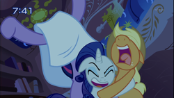 Size: 1334x750 | Tagged: safe, imported from derpibooru, screencap, applejack, rarity, twilight sparkle, look before you sleep, season 1, blanket, floppy ears, golden oaks library, night, open mouth, volumetric mouth