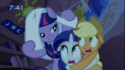 Size: 1334x750 | Tagged: safe, imported from derpibooru, screencap, applejack, rarity, twilight sparkle, look before you sleep, season 1, blanket, floppy ears, golden oaks library, scared