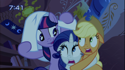 Size: 1334x750 | Tagged: safe, imported from derpibooru, screencap, applejack, rarity, twilight sparkle, look before you sleep, season 1, blanket, floppy ears, golden oaks library