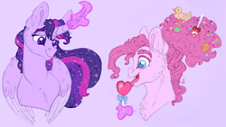 Size: 1792x1008 | Tagged: safe, artist:skior, imported from derpibooru, pinkie pie, twilight sparkle, alicorn, earth pony, pony, the last problem, bust, candy, curved horn, female, food, glowing horn, heart, horn, lesbian, lollipop, magic, mare, older, older pinkie pie, older twilight, princess twilight 2.0, shipping, solo, twilight sparkle (alicorn), twinkie