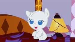 Size: 3427x1920 | Tagged: safe, artist:beavernator, edit, imported from derpibooru, rarity, pony, unicorn, babity, baby, baby pony, bald, bed, carousel boutique, cropped, cute, female, filly, filly rarity, lamp, open mouth, raribetes, smiling, solo, younger