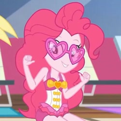 Size: 749x749 | Tagged: safe, edit, edited screencap, imported from derpibooru, screencap, derpy hooves, pinkie pie, equestria girls, equestria girls series, i'm on a yacht, spoiler:eqg series (season 2), clothes, female, glasses, heart glasses, heart shaped glasses, offscreen character, offspring, one-piece swimsuit, pinkie pie swimsuit, ship, sleeveless, solo focus, sunglasses, swimsuit