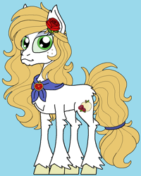 Size: 916x1144 | Tagged: safe, artist:rosefang16, imported from derpibooru, oc, oc only, oc:snow white apple, earth pony, pony, blue background, broach, clothes, female, flower, flower in hair, freckles, magical gay spawn, mare, offspring, parent:big macintosh, parent:prince blueblood, parents:bluemac, rose, shawl, simple background, solo, unshorn fetlocks