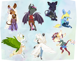 Size: 2294x1829 | Tagged: safe, artist:vivaliis, imported from derpibooru, oc, oc only, oc:art's desire, oc:quill, anthro, bat pony, hippogriff, pegasus, unicorn, bat pony oc, bat wings, chibi, wings