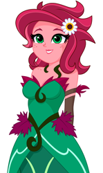 Size: 896x1499 | Tagged: safe, artist:rosemile mulberry, imported from derpibooru, part of a set, gaea everfree, gloriosa daisy, equestria girls, legend of everfree, alternate hairstyle, arm behind back, bare shoulders, breasts, cleavage, clothes, costume, dress, female, flower, flower in hair, freckles, leaf, shoulder freckles, simple background, sleeveless, smiling, solo, strapless, vine, white background