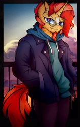 Size: 2566x4096 | Tagged: safe, artist:canvymamamoo, imported from derpibooru, sunburst, anthro, unicorn, clothes, cloud, ear fluff, facial hair, glasses, goatee, hoodie, jacket, looking at you, male, pants, raised eyebrow, smiling, solo