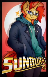 Size: 2566x4096 | Tagged: safe, alternate version, artist:canvymamamoo, imported from derpibooru, sunburst, anthro, unicorn, abstract background, clothes, cloud, ear fluff, facial hair, glasses, goatee, hoodie, jacket, looking at you, male, pants, raised eyebrow, smiling, solo