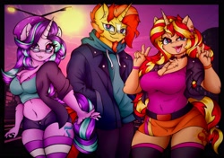 Size: 4096x2876 | Tagged: safe, artist:canvymamamoo, imported from derpibooru, starlight glimmer, sunburst, sunset shimmer, anthro, unicorn, :3, :p, beanie, belly button, big breasts, blushing, breasts, busty starlight glimmer, busty sunset shimmer, chest fluff, choker, clothes, cloud, double peace sign, ear fluff, ear piercing, earring, facial hair, female, glasses, goatee, hat, high res, hoodie, jacket, jewelry, lidded eyes, looking at you, magical trio, male, midriff, open mouth, open smile, pants, peace sign, piercing, raised eyebrow, shorts, skirt, smiling, smiling at you, socks, solo, stockings, street lights, striped socks, thigh highs, tongue out, trio, wall of tags