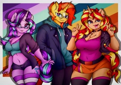 Size: 4096x2876 | Tagged: safe, alternate version, artist:canvymamamoo, imported from derpibooru, starlight glimmer, sunburst, sunset shimmer, anthro, unicorn, :3, :p, abstract background, beanie, belly button, big breasts, blushing, breasts, busty starlight glimmer, busty sunset shimmer, chest fluff, choker, clothes, double peace sign, ear fluff, ear piercing, earring, facial hair, female, glasses, goatee, hat, high res, hoodie, jacket, jewelry, lidded eyes, looking at you, magical trio, male, midriff, open mouth, open smile, pants, peace sign, piercing, raised eyebrow, shorts, skirt, smiling, smiling at you, socks, solo, stockings, striped socks, thigh highs, tongue out, trio, wall of tags