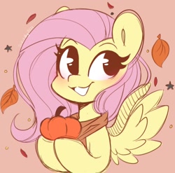 Size: 1156x1143 | Tagged: safe, artist:sakukitty, imported from derpibooru, fluttershy, pegasus, pony, autumn, blushing, bust, clothes, cute, falling leaves, female, hoof hold, leaves, looking at you, mare, no pupils, pumpkin, scarf, shyabetes, smiling, solo, spread wings, stars, wings