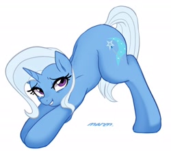 Size: 3032x2685 | Tagged: safe, artist:maren, imported from derpibooru, trixie, pony, unicorn, cute, cutie mark, diatrixes, eyelashes, face down ass up, female, grin, high res, horn, iwtcird, jack-o challenge, jacko challenge, looking at you, mare, meme, signature, simple background, smiling, smiling at you, solo, tail, white background