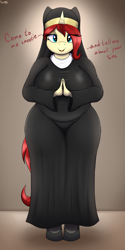 Size: 2000x4000 | Tagged: safe, artist:an-tonio, imported from derpibooru, oc, oc only, oc:golden brooch, anthro, unicorn, big breasts, breasts, busty golden brooch, busty oc, chubby, clothes, dress, female, looking at you, milf, nun, solo