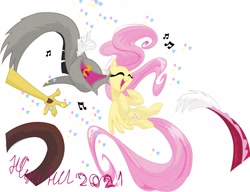 Size: 2651x2034 | Tagged: safe, artist:natalysweeneyart, imported from derpibooru, discord, fluttershy, draconequus, pegasus, pony, 2021, confetti, duo, eyes closed, female, floating, high res, long mane, long tail, male, mare, music notes, open mouth, open smile, signature, simple background, singing, smiling, spread wings, tongue out, white background, wings