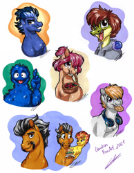 Size: 1920x2469 | Tagged: safe, artist:lupiarts, imported from derpibooru, spitfire, oc, oc:dusty katt, oc:phantom, alligator, anthro, earth pony, pegasus, pony, arlo, basket, bust, clothes, cookie, facial hair, female, food, furry, furry oc, headphones, hoodie, male, mare, moustache, mouth hold, stallion