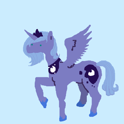 Size: 500x500 | Tagged: safe, artist:askpinkiepieandfriends, imported from derpibooru, part of a set, princess luna, alicorn, pony, 1000 hours in ms paint, blue background, crown, female, jewelry, mare, raised hoof, regalia, s1 luna, simple background, solo, spread wings, wings