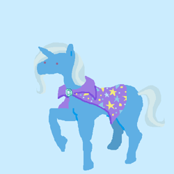 Size: 500x500 | Tagged: safe, artist:askpinkiepieandfriends, imported from derpibooru, part of a set, trixie, pony, unicorn, blue background, cape, clothes, female, mare, missing cutie mark, raised hoof, simple background, solo, trixie's cape