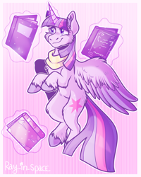 Size: 2000x2500 | Tagged: safe, artist:ray-in-space, imported from derpibooru, twilight sparkle, alicorn, pony, abstract background, book, bookhorse, cheek fluff, chest fluff, ear fluff, female, fluffy, high res, levitation, magic, mare, smiling, solo, spread wings, starry eyes, telekinesis, twilight sparkle (alicorn), unshorn fetlocks, wing fluff, wingding eyes, wings