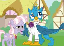 Size: 1280x925 | Tagged: safe, artist:disneymarvel96, edit, imported from derpibooru, vector edit, dusty pages, gallus, earth pony, griffon, bowtie, clothes, duo, elderly, female, glasses, male, ponyville, ribbon, ribbon bow tie, shirt, string tie, vector