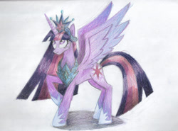 Size: 900x665 | Tagged: safe, artist:moonrises, imported from derpibooru, twilight sparkle, alicorn, pony, the last problem, alternate ending, alternate universe, clothes, costume, crown, future, future twilight, hoof shoes, jewelry, older, older twilight, peytral, princess, princess twilight 2.0, raised hoof, regalia, royalty, spread wings, traditional art, twilight sparkle (alicorn), wings