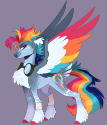 Size: 1522x1790 | Tagged: safe, artist:wanderingpegasus, imported from derpibooru, rainbow dash, pegasus, pony, alternate cutie mark, alternate design, bandage, chest fluff, colored hooves, colored wings, ear fluff, eyebrows, goggles, goggles around neck, leg wraps, multicolored wings, rainbow wings, redesign, simple background, solo, tail feathers, unshorn fetlocks, wings