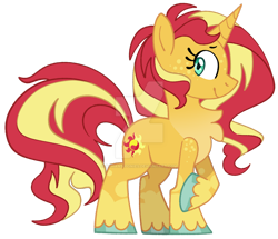 Size: 1280x1100 | Tagged: safe, artist:rohans-ponies, imported from derpibooru, sunset shimmer, pony, unicorn, equestria girls, chest fluff, deviantart watermark, female, looking at you, mare, obtrusive watermark, raised hoof, simple background, smiling, solo, transparent background, unshorn fetlocks, watermark