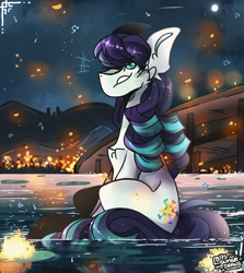 Size: 2500x2800 | Tagged: safe, artist:its_sunsetdraws, imported from derpibooru, coloratura, earth pony, pony, cheek fluff, digital art, eye clipping through hair, fanart, female, floating lights, grin, high res, lilypad, mare, mountain, night, night sky, rara, reflection, river, sitting, sitting in water, sky, smiling, solo, water