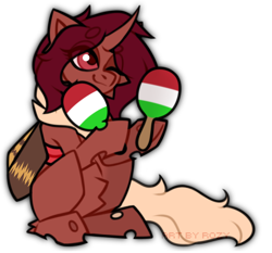 Size: 2000x1866 | Tagged: safe, artist:rozy, imported from derpibooru, oc, oc only, oc:flechette, changeling, insect, moth, mothling, original species, chest fluff, female, horn, italian flag, italy, maracas, musical instrument, one eye closed, red changeling, red eyes, simple background, solo, sparkles, species swap, transparent background, wings