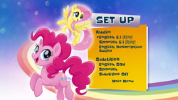 Size: 853x480 | Tagged: safe, imported from derpibooru, fluttershy, pinkie pie, earth pony, pegasus, my little pony: the movie, dolby digital, female, menu screen, official, rainbow, subtitles