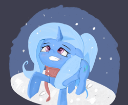 Size: 2029x1668 | Tagged: safe, artist:solid shrimp, imported from derpibooru, trixie, pony, unicorn, clothes, night, scarf, simple background, smiling, snow, snowfall, solo