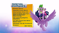 Size: 853x480 | Tagged: safe, imported from derpibooru, spike, twilight sparkle, alicorn, dragon, pony, equestria girls, equestria girls series, my little pony: the movie, road trippin, deleted scene, dragons riding ponies, female, glowing horn, hanazuki: full of treasures, horn, i'm the friend you need, male, menu screen, official, riding, spike riding twilight, trailer, twilight sparkle (alicorn)