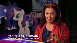 Size: 853x480 | Tagged: safe, imported from derpibooru, princess luna, rarity, alicorn, unicorn, my little pony: the movie, cardboard cutout, concept art, female, interview, jewelry, necklace, official, pendant, tabitha st. germain, text, voice actor