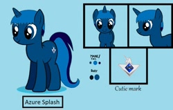 Size: 1122x712 | Tagged: safe, artist:crazyone59, imported from derpibooru, oc, oc only, oc:azuresplash, pony, unicorn, blue background, could be better, horn, reference sheet, simple background, smiling, unicorn oc