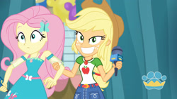 Size: 3410x1920 | Tagged: safe, imported from derpibooru, screencap, applejack, fluttershy, best in show: the pre-show, equestria girls, equestria girls series, spoiler:eqg series (season 2), applejack's hat, belt, best in show logo, clothes, cowboy hat, cute, cutie mark, cutie mark on clothes, denim skirt, female, geode of fauna, geode of super strength, grin, hairpin, hat, jewelry, magical geodes, microphone, necklace, shyabetes, skirt, smiling