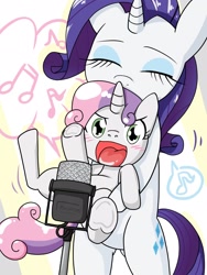 Size: 1536x2048 | Tagged: safe, artist:batipin, imported from ponybooru, rarity, sweetie belle, pony, unicorn, eyeshadow, female, holding a pony, lifting, makeup, microphone, open mouth, siblings, singing, sisters, underhoof