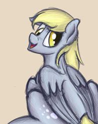 Size: 1050x1330 | Tagged: safe, artist:ahorseofcourse, derpy hooves, pegasus, pony, cute, female, looking back, mare, open mouth, simple background, sitting, solo, wings