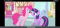 Size: 1520x720 | Tagged: safe, edit, edited screencap, imported from ponybooru, screencap, twilight sparkle, earth pony, pony, unicorn, the ticket master, discord (program), duo, looking at each other, ponyville, raised hoof, raised leg, screenshots, sugarcube corner, unicorn twilight