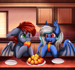 Size: 3100x2870 | Tagged: safe, artist:pridark, imported from derpibooru, oc, oc only, oc:ivory mint, oc:shadow, bat pony, pony, bat pony oc, bat wings, commission, cute, duo, eating, food, fruit, herbivore, high res, mangoes, ocbetes, plate, table, wings