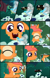 Size: 2000x3112 | Tagged: safe, artist:shelikof launch, derpibooru exclusive, imported from derpibooru, oc, oc:kitt nips, breezie, fox, fox pony, hybrid, pony, unicorn, breezie oc, bush, bushicorn, comic, countershading, fangs, female, filly, filly pred, filly predator, flower, forest background, high res, hunting, licking, micro, scrunchy face, show accurate, tongue out, vore