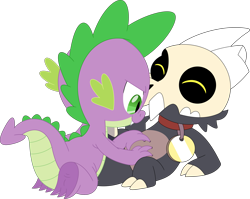 Size: 3551x2828 | Tagged: safe, artist:porygon2z, imported from derpibooru, spike, dragon, broken horn, collar, crossover, duo, duo male, eyes closed, high res, horn, king (the owl house), king clawthorne, laughing, male, pet tag, show accurate, simple background, skull, the owl house, tickling, titan, transparent background, vector