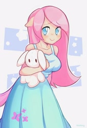 Size: 1700x2500 | Tagged: safe, artist:beetocy, artist:flanmope, artist:プリンサン, imported from derpibooru, fluttershy, anthro, human, breasts, bunny plushie, busty fluttershy, clothes, colored pupils, cute, dress, eared humanization, female, floppy ears, flutterchan, holding hand, humanized, mare, plush bunny, plushie, shyabetes, solo, stuffed, tailed humanization