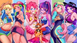 Size: 2048x1152 | Tagged: safe, artist:卯卯七, imported from derpibooru, applejack, fluttershy, pinkie pie, rainbow dash, rarity, sci-twi, sunset shimmer, twilight sparkle, crab, equestria girls, equestria girls series, forgotten friendship, armpits, ass, belly button, bikini, boobs and butt pose, breasts, busty applejack, busty fluttershy, busty rarity, butt, clothes, flutterbutt, fluttershy's wetsuit, food, glasses, goggles, goggles on head, grin, hat, human coloration, humane five, humane seven, humane six, ice cream, looking at you, midriff, one eye closed, one-piece swimsuit, open mouth, open smile, ponytail, rainbutt dash, rarity's blue sarong, rarity's purple bikini, sarong, sideboob, smiling, smiling at you, swimsuit, wetsuit, wink